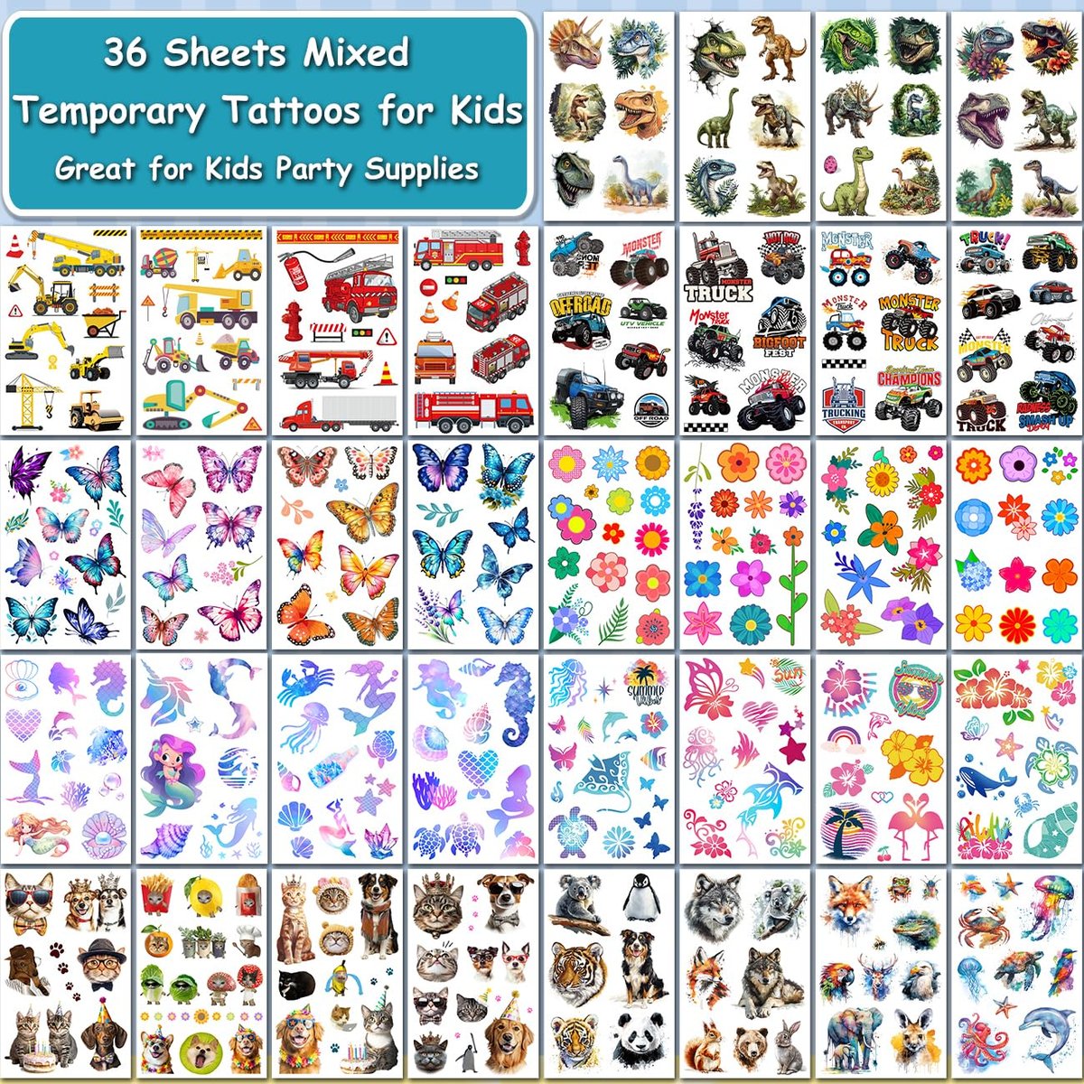 CHARLENT 320 Mixed Styles Temporary Tattoos for Kids - 36 Sheets of Car, Dinosaur, Hawaii, Mermaid, Watercolor Animals Tattoo Stickers for Birthday Party Supplies - görsel 4