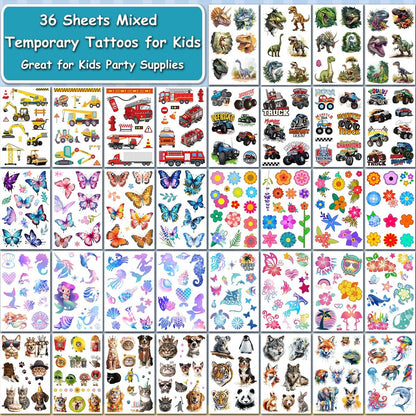 CHARLENT 320 Mixed Styles Temporary Tattoos for Kids - 36 Sheets of Car, Dinosaur, Hawaii, Mermaid, Watercolor Animals Tattoo Stickers for Birthday Party Supplies