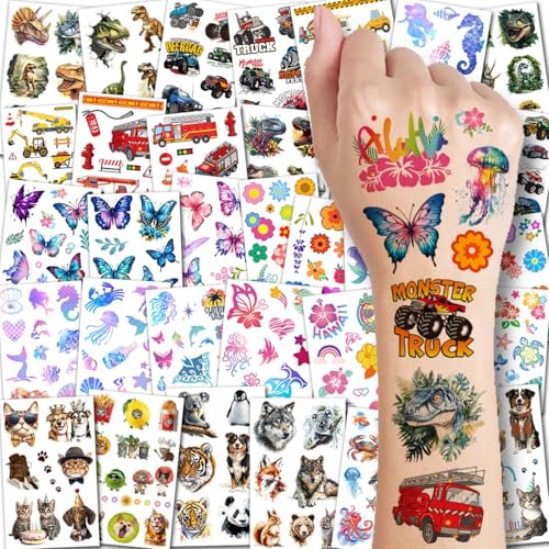 CHARLENT 320 Mixed Styles Temporary Tattoos for Kids - 36 Sheets of Car, Dinosaur, Hawaii, Mermaid, Watercolor Animals Tattoo Stickers for Birthday Party Supplies - görsel 1