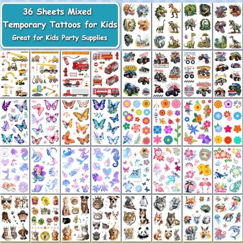 CHARLENT 320 Mixed Styles Temporary Tattoos for Kids - 36 Sheets of Car, Dinosaur, Hawaii, Mermaid, Watercolor Animals Tattoo Stickers for Birthday Party Supplies - görsel 3