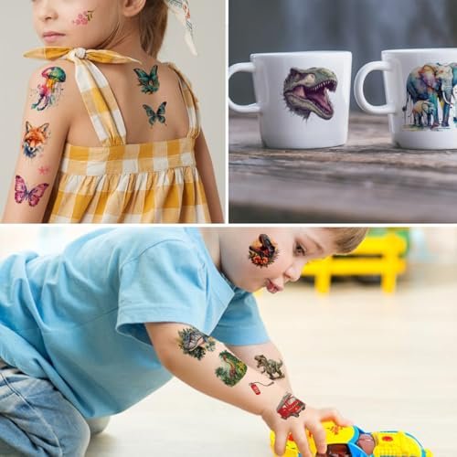 CHARLENT 320 Mixed Styles Temporary Tattoos for Kids - 36 Sheets of Car, Dinosaur, Hawaii, Mermaid, Watercolor Animals Tattoo Stickers for Birthday Party Supplies - görsel 7