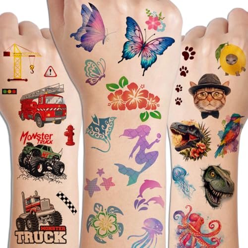 CHARLENT 320 Mixed Styles Temporary Tattoos for Kids - 36 Sheets of Car, Dinosaur, Hawaii, Mermaid, Watercolor Animals Tattoo Stickers for Birthday Party Supplies - görsel 5
