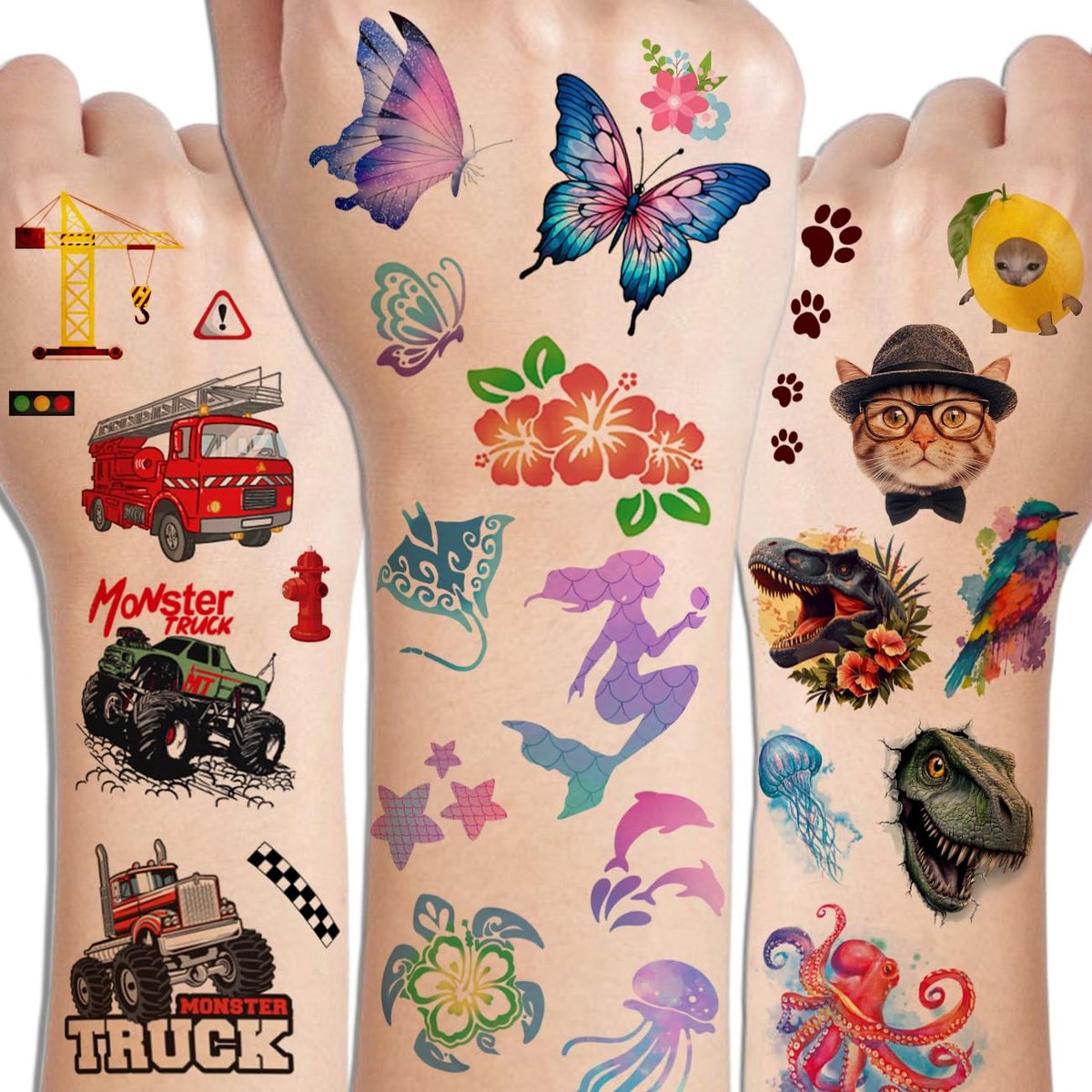 CHARLENT 320 Mixed Styles Temporary Tattoos for Kids - 36 Sheets of Car, Dinosaur, Hawaii, Mermaid, Watercolor Animals Tattoo Stickers for Birthday Party Supplies - görsel 6