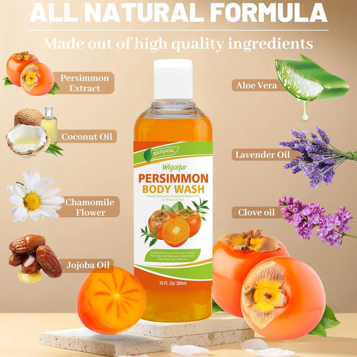wigarjur Persimmon Body Wash for Strong Body Odor - Nonenal Eliminator with Natural Persimmon & Green Tea Extracts, 10 Fl Oz - görsel 3