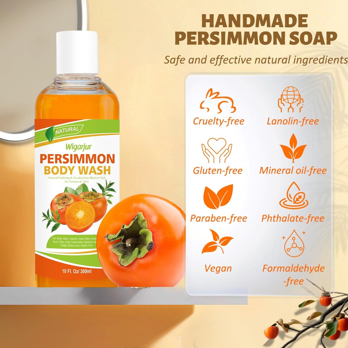 wigarjur Persimmon Body Wash for Strong Body Odor - Nonenal Eliminator with Natural Persimmon & Green Tea Extracts, 10 Fl Oz - görsel 15