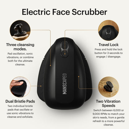 MANSCAPED® The Face Buffer PRO - Men's Electric Silicone Face Scrubber for Nourishing, Deep Cleaning & Exfoliating Your Skin, 3 Facial Cleansing Modes & 2 Sonic Vibration Speeds, Travel Lock Avelisse