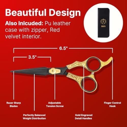 H&S GoldBlack Series Professional Hair Cutting Scissors – 6.5" Japanese Stainless Steel Shears for Barbers, Hairdressers & Home Grooming Avelisse