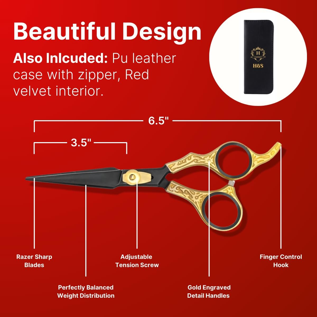H&S GoldBlack Series Professional Hair Cutting Scissors – 6.5" Japanese Stainless Steel Shears for Barbers, Hairdressers & Home Grooming Avelisse