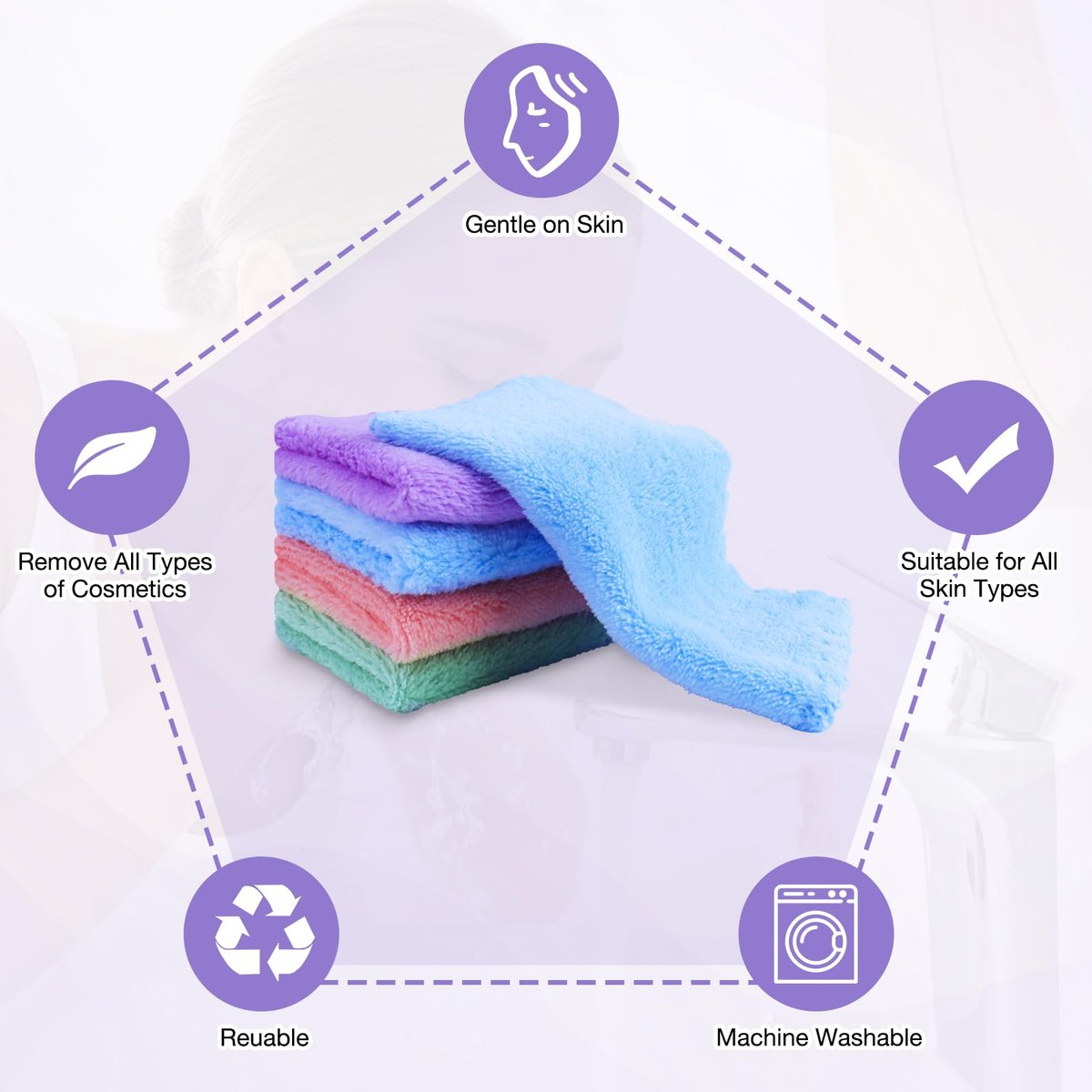 JOHOKAKITI Makeup Remover Cloths 28 Pack - Super Soft Premium Coral Velvet Facial Cleansing Towels 7x7 Inch, Highly Absorbent Microfiber Reusable Washcloths for Face, Eye, Lips - görsel 9