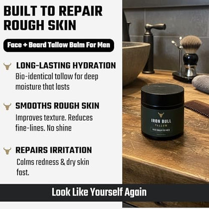 Iron Bull Handmade Beef Tallow Face Moisturizer for Men – Wrinkle Defense, Natural Clean Scent, 2 oz