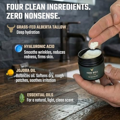 Iron Bull Handmade Beef Tallow Face Moisturizer for Men – Wrinkle Defense, Natural Clean Scent, 2 oz