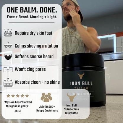 Iron Bull Handmade Beef Tallow Face Moisturizer for Men – Wrinkle Defense, Natural Clean Scent, 2 oz