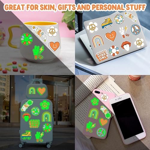 96PCS Groovy 70s Pre-Cut Temporary Tattoos - Retro Flower Power, Good Vibes Party Decorations & Favors | Cute Tattoos Stickers Gift for Kids, Boys & Girls Prize Supplies (Glow in the Dark) - görsel 14