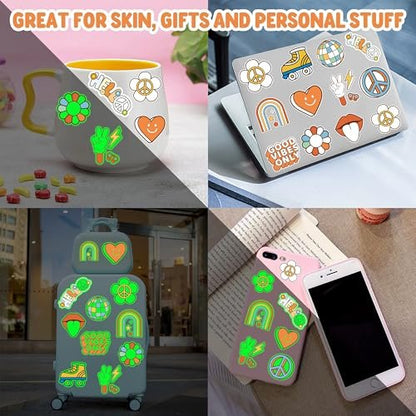 96PCS Groovy 70s Pre-Cut Temporary Tattoos - Retro Flower Power, Good Vibes Party Decorations & Favors | Cute Tattoos Stickers Gift for Kids, Boys & Girls Prize Supplies (Glow in the Dark)