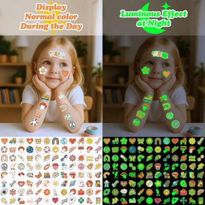 96PCS Groovy 70s Pre-Cut Temporary Tattoos - Retro Flower Power, Good Vibes Party Decorations & Favors | Cute Tattoos Stickers Gift for Kids, Boys & Girls Prize Supplies (Glow in the Dark)