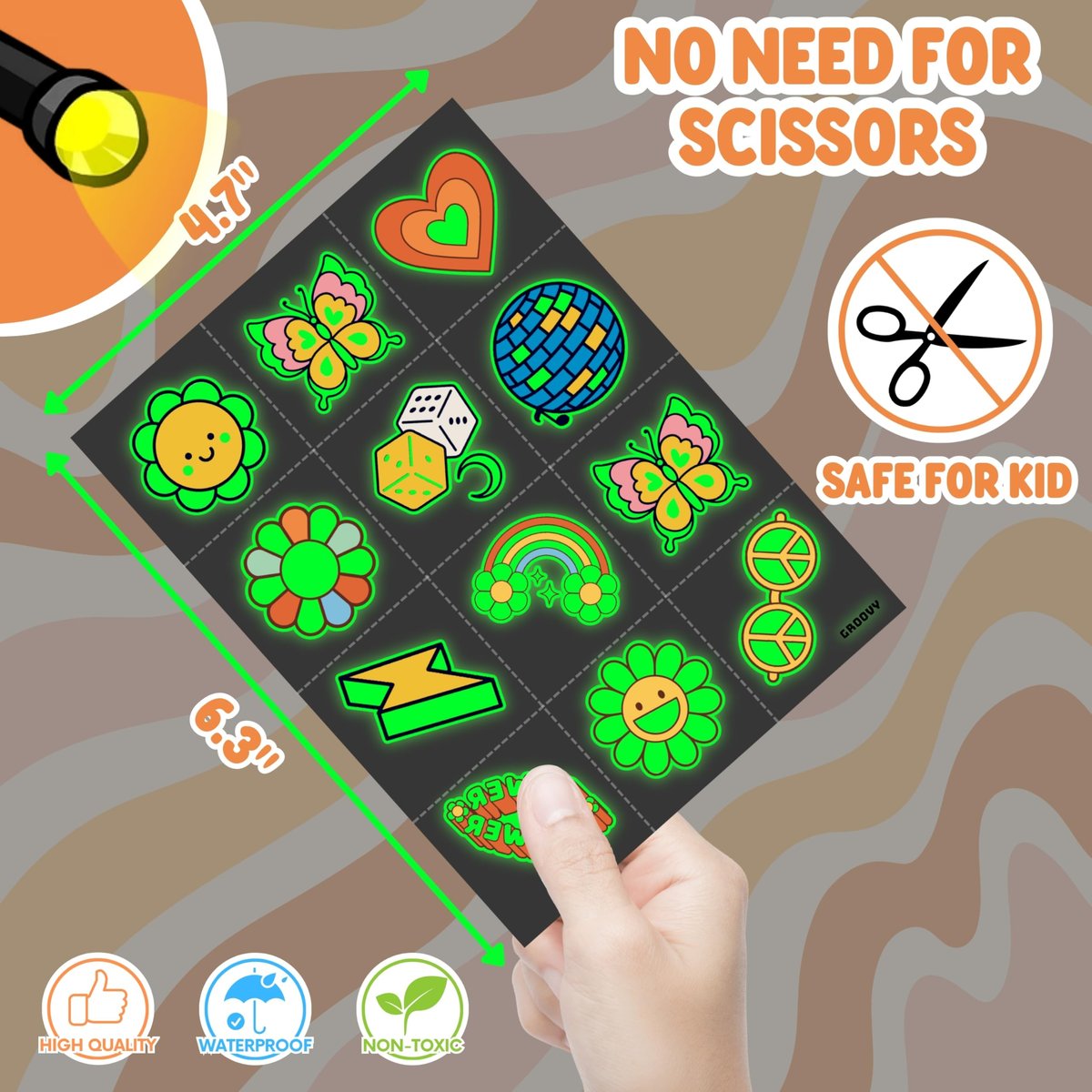96PCS Groovy 70s Pre-Cut Temporary Tattoos - Retro Flower Power, Good Vibes Party Decorations & Favors | Cute Tattoos Stickers Gift for Kids, Boys & Girls Prize Supplies (Glow in the Dark) - görsel 9