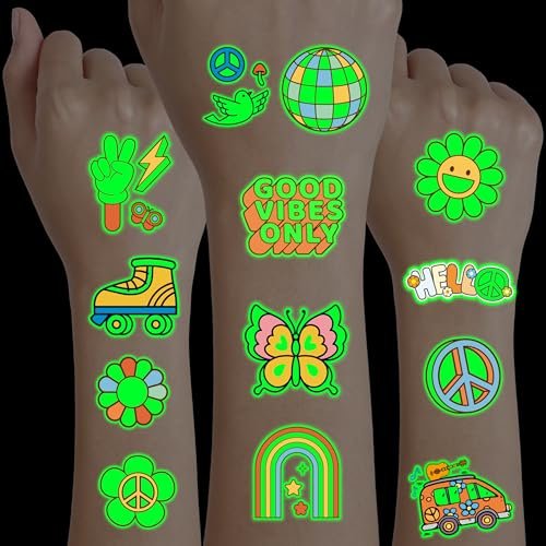 96PCS Groovy 70s Pre-Cut Temporary Tattoos - Retro Flower Power, Good Vibes Party Decorations & Favors | Cute Tattoos Stickers Gift for Kids, Boys & Girls Prize Supplies (Glow in the Dark) - görsel 2