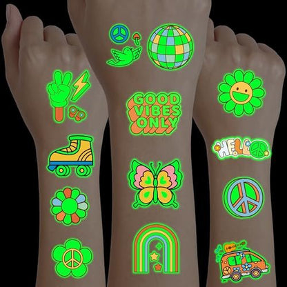 96PCS Groovy 70s Pre-Cut Temporary Tattoos - Retro Flower Power, Good Vibes Party Decorations & Favors | Cute Tattoos Stickers Gift for Kids, Boys & Girls Prize Supplies (Glow in the Dark)