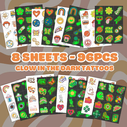 96PCS Groovy 70s Pre-Cut Temporary Tattoos - Retro Flower Power, Good Vibes Party Decorations & Favors | Cute Tattoos Stickers Gift for Kids, Boys & Girls Prize Supplies (Glow in the Dark)