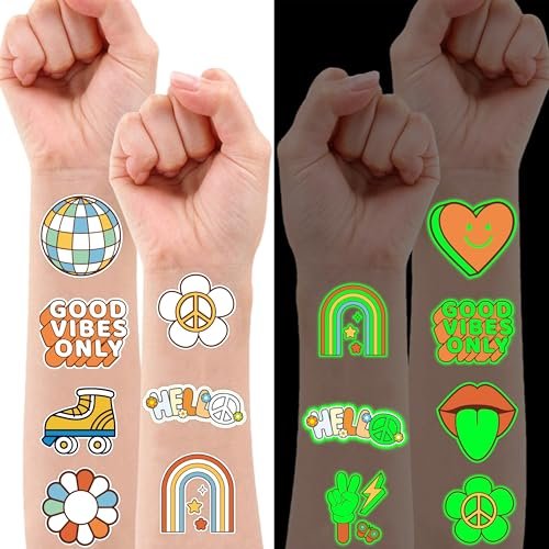 96PCS Groovy 70s Pre-Cut Temporary Tattoos - Retro Flower Power, Good Vibes Party Decorations & Favors | Cute Tattoos Stickers Gift for Kids, Boys & Girls Prize Supplies (Glow in the Dark) - görsel 4
