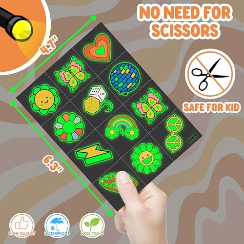 96PCS Groovy 70s Pre-Cut Temporary Tattoos - Retro Flower Power, Good Vibes Party Decorations & Favors | Cute Tattoos Stickers Gift for Kids, Boys & Girls Prize Supplies (Glow in the Dark) - görsel 10