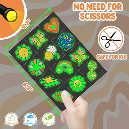 96PCS Groovy 70s Pre-Cut Temporary Tattoos - Retro Flower Power, Good Vibes Party Decorations & Favors | Cute Tattoos Stickers Gift for Kids, Boys & Girls Prize Supplies (Glow in the Dark)