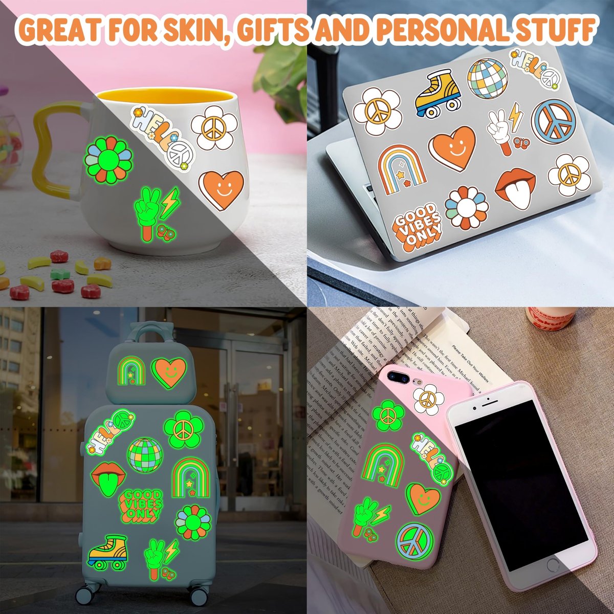 96PCS Groovy 70s Pre-Cut Temporary Tattoos - Retro Flower Power, Good Vibes Party Decorations & Favors | Cute Tattoos Stickers Gift for Kids, Boys & Girls Prize Supplies (Glow in the Dark) - görsel 13