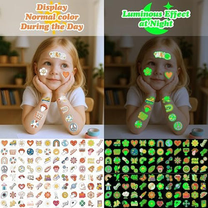 96PCS Groovy 70s Pre-Cut Temporary Tattoos - Retro Flower Power, Good Vibes Party Decorations & Favors | Cute Tattoos Stickers Gift for Kids, Boys & Girls Prize Supplies (Glow in the Dark)