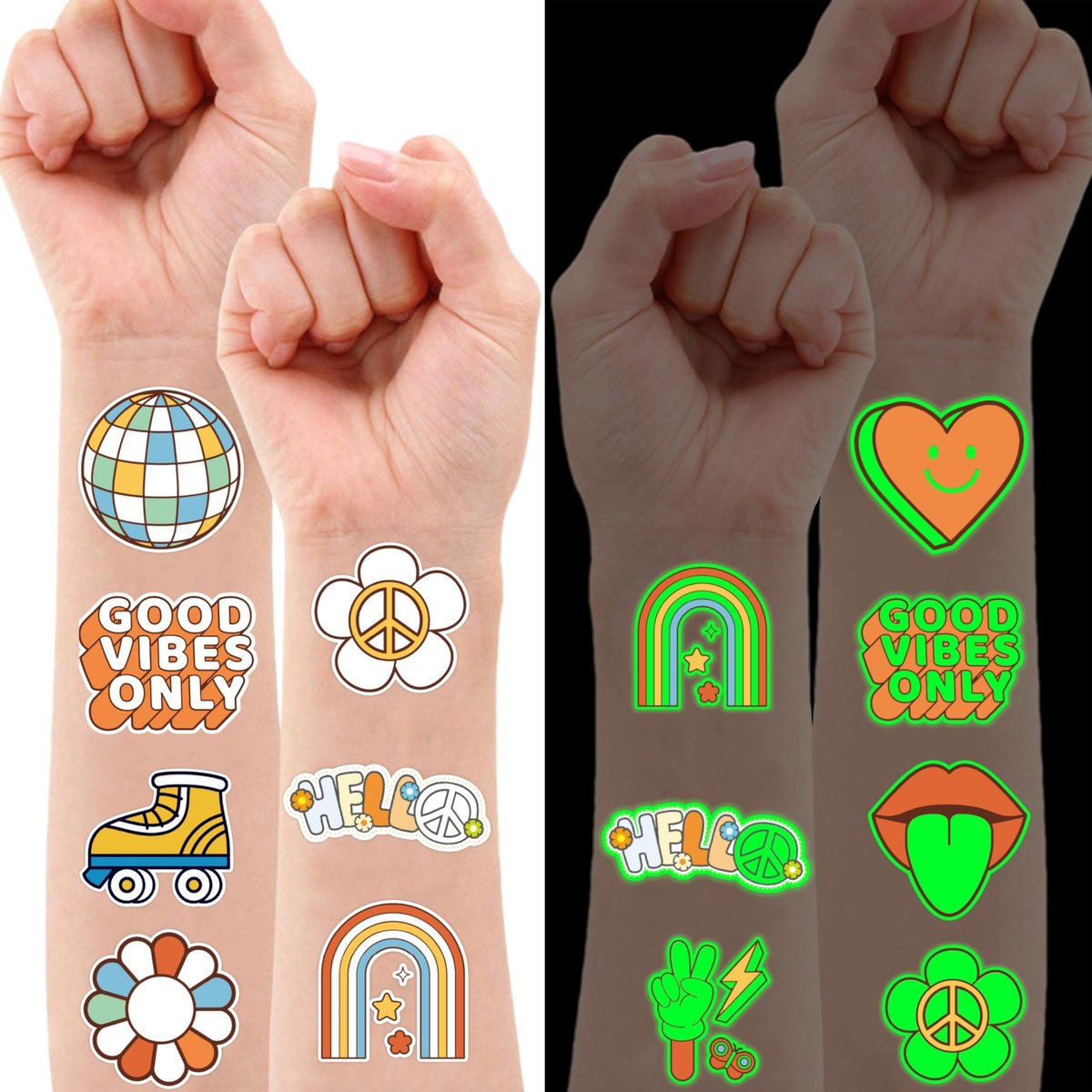 96PCS Groovy 70s Pre-Cut Temporary Tattoos - Retro Flower Power, Good Vibes Party Decorations & Favors | Cute Tattoos Stickers Gift for Kids, Boys & Girls Prize Supplies (Glow in the Dark) - görsel 3