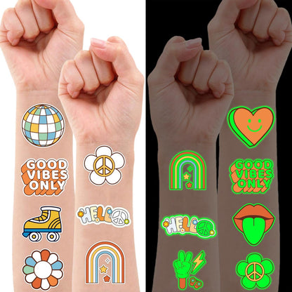 96PCS Groovy 70s Pre-Cut Temporary Tattoos - Retro Flower Power, Good Vibes Party Decorations & Favors | Cute Tattoos Stickers Gift for Kids, Boys & Girls Prize Supplies (Glow in the Dark)