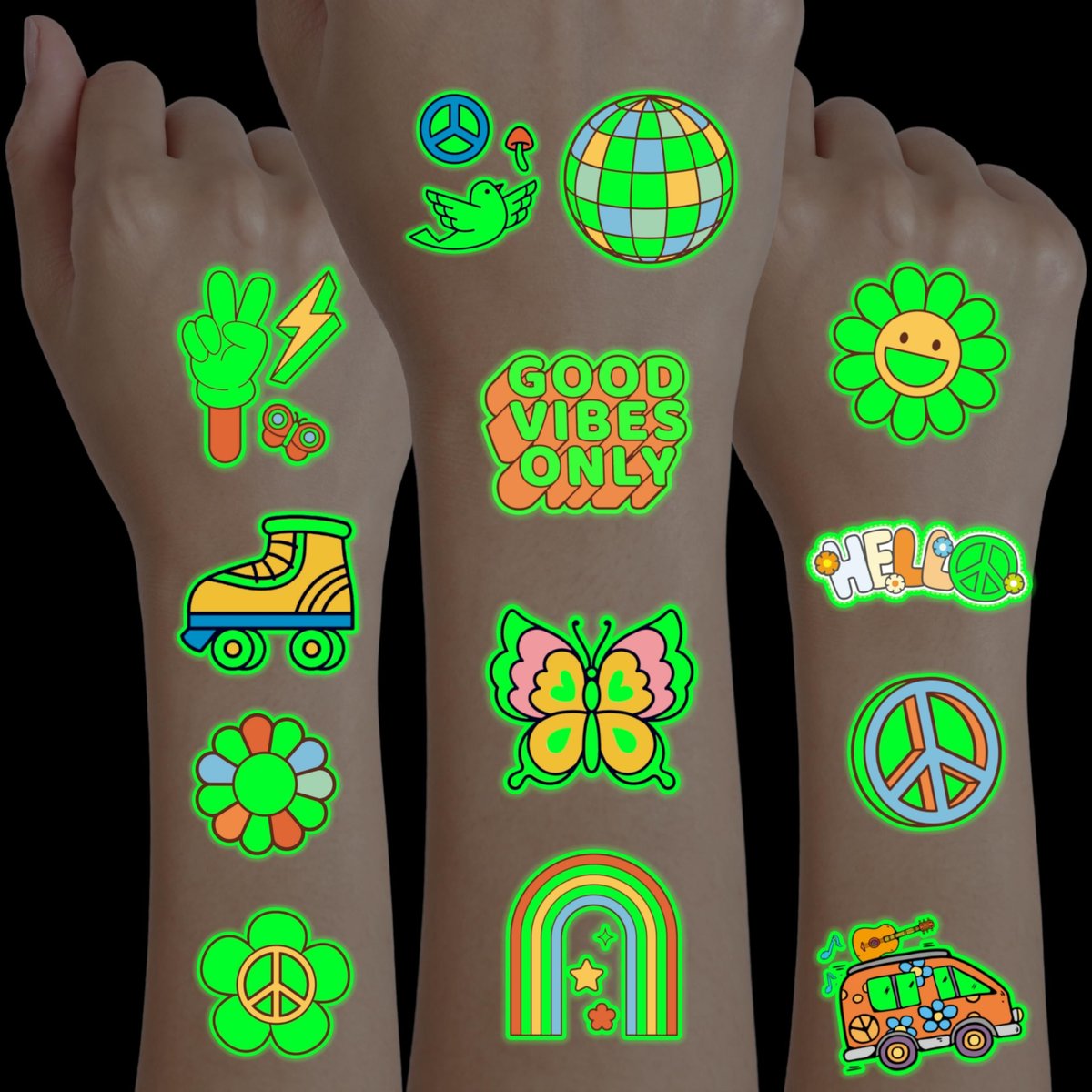 96PCS Groovy 70s Pre-Cut Temporary Tattoos - Retro Flower Power, Good Vibes Party Decorations & Favors | Cute Tattoos Stickers Gift for Kids, Boys & Girls Prize Supplies (Glow in the Dark) - görsel 1