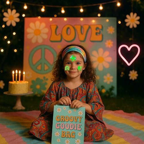 96PCS Groovy 70s Pre-Cut Temporary Tattoos - Retro Flower Power, Good Vibes Party Decorations & Favors | Cute Tattoos Stickers Gift for Kids, Boys & Girls Prize Supplies (Glow in the Dark) - görsel 18