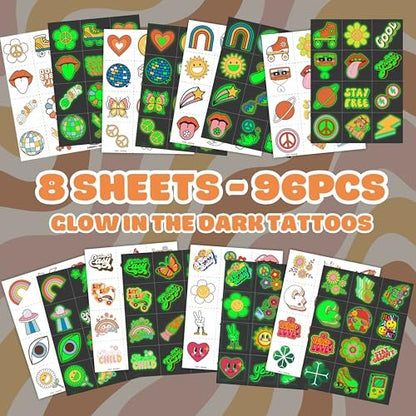 96PCS Groovy 70s Pre-Cut Temporary Tattoos - Retro Flower Power, Good Vibes Party Decorations & Favors | Cute Tattoos Stickers Gift for Kids, Boys & Girls Prize Supplies (Glow in the Dark)