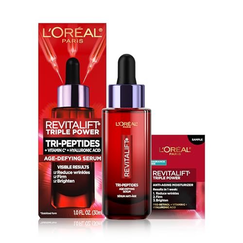L'Oreal Paris Revitalift Triple Power Face Serum with Tri-Peptides, Hyaluronic Acid and Vitamin C, Anti Aging, Anti Wrinkle Serum to Firm and Brighten, 1 FL oz, + Sample Avelisse