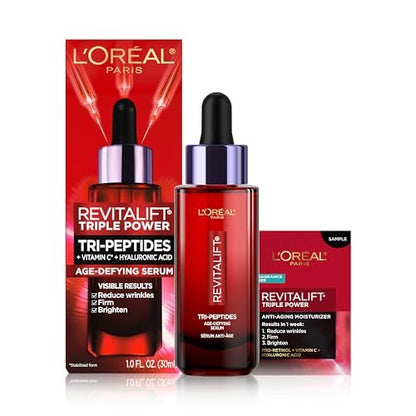 L'Oreal Paris Revitalift Triple Power Face Serum with Tri-Peptides, Hyaluronic Acid and Vitamin C, Anti Aging, Anti Wrinkle Serum to Firm and Brighten, 1 FL oz, + Sample Avelisse
