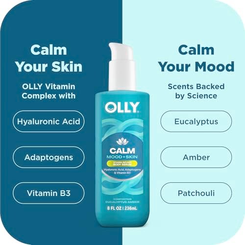 OLLY Calm Body Lotion-Serum with Hyaluronic Acid, Adaptogens & Vitamin B3 – Nourishing Skin Barrier Repair, Deep Hydration, Eucalyptus Amber Scent, 8 oz - görsel 6