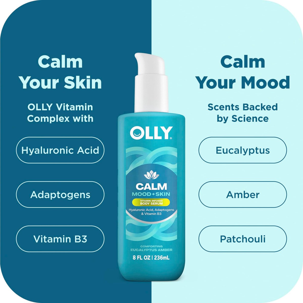OLLY Calm Body Lotion-Serum with Hyaluronic Acid, Adaptogens & Vitamin B3 – Nourishing Skin Barrier Repair, Deep Hydration, Eucalyptus Amber Scent, 8 oz - görsel 5
