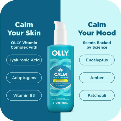 OLLY Calm Body Lotion-Serum with Hyaluronic Acid, Adaptogens & Vitamin B3 – Nourishing Skin Barrier Repair, Deep Hydration, Eucalyptus Amber Scent, 8 oz