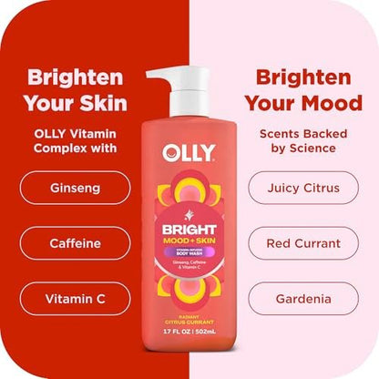 OLLY Bright Body Wash with Ginseng, Caffeine & Vitamin C – Nourishing Cleanser for Skin Barrier Repair, Deep Hydration, Citrus Currant Scent, 17 oz