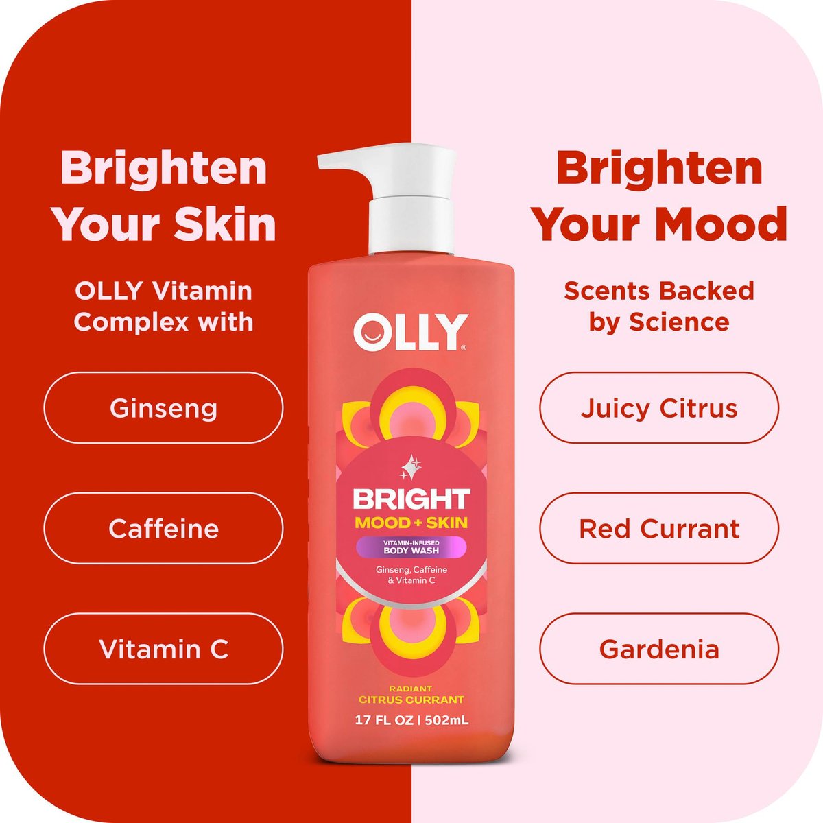 OLLY Bright Body Wash with Ginseng, Caffeine & Vitamin C – Nourishing Cleanser for Skin Barrier Repair, Deep Hydration, Citrus Currant Scent, 17 oz - görsel 6