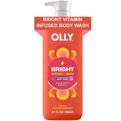 OLLY Bright Body Wash with Ginseng, Caffeine & Vitamin C – Nourishing Cleanser for Skin Barrier Repair, Deep Hydration, Citrus Currant Scent, 17 oz