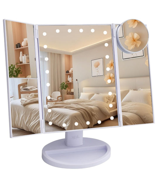 Ms. Pen Tri-Fold Makeup Mirror Vanity with Lights – 9" x 13.6", 1X/2X/3X/10X Magnification, 24 LED Touch Screen, Dual Power Supply, 180° Rotation, Portable Lighted Cosmetic Mirror