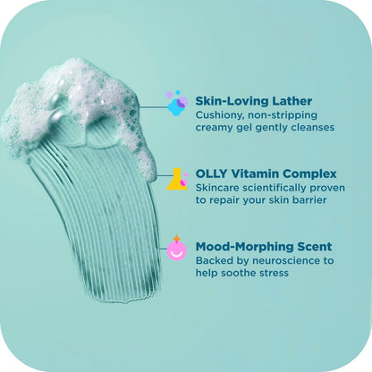 OLLY Calm Body Wash with Hyaluronic Acid, Adaptogens & Vitamin B3 – Nourishing Cleanser for Skin Barrier Repair, Deep Hydration, Eucalyptus Amber Scent, 17 oz