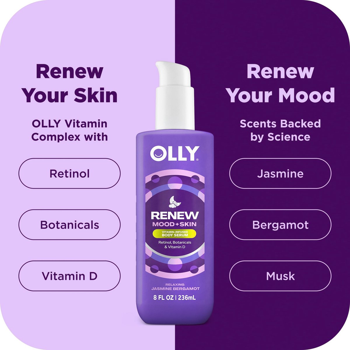 OLLY Renew Body Lotion-Serum with Vitamin D, Retinol & Botanicals – Nourishing Cleanser for Skin Barrier Repair, Deep Hydration, Jasmine Bergamot Scent, 8oz - görsel 5