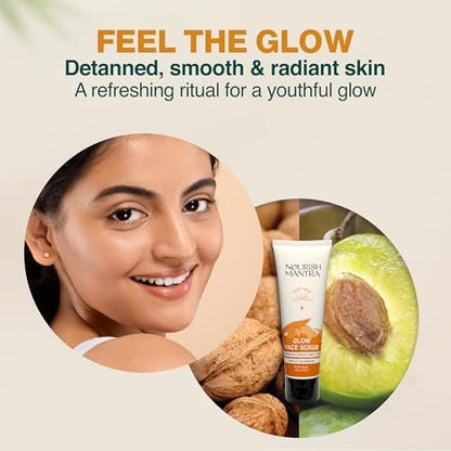 Nourish Mantra Glow Face Scrub – Gentle Exfoliation for Tan Removal & Improved Skin Tone with Walnut Shell Powder, Alpha Arbutin, Hyaluronic Acid – All Skin Types, Men & Women, 100 ml