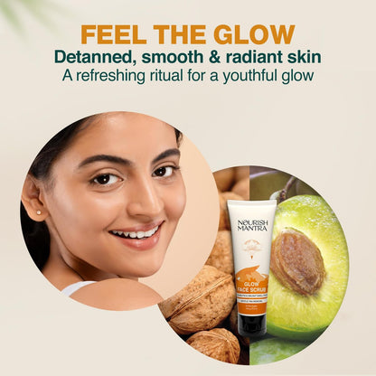 Nourish Mantra Glow Face Scrub – Gentle Exfoliation for Tan Removal & Improved Skin Tone with Walnut Shell Powder, Alpha Arbutin, Hyaluronic Acid – All Skin Types, Men & Women, 100 ml