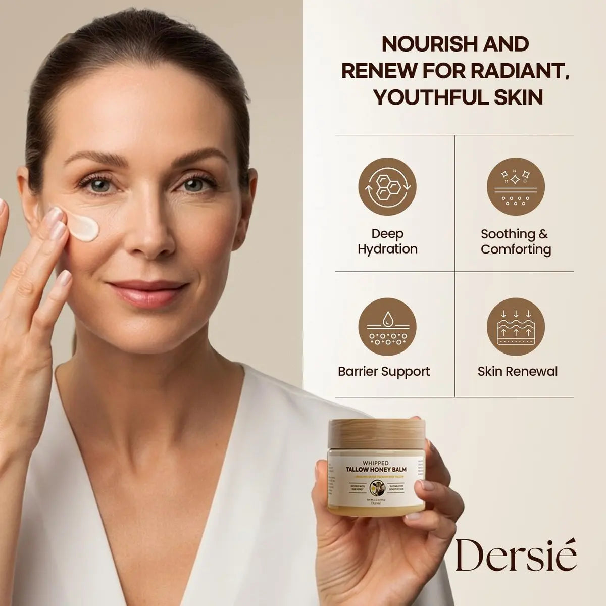 Dersie Cream with Magnesium and Tallow - Honey Tallow Balm, 2.12 oz - Face Moisturizer Avelisse