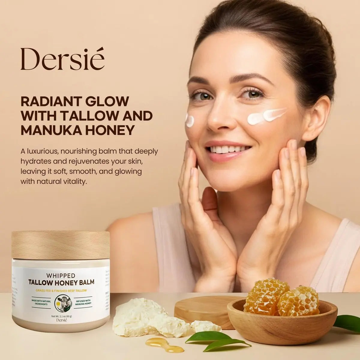 Dersie Cream with Magnesium and Tallow - Honey Tallow Balm, 2.12 oz - Face Moisturizer Avelisse