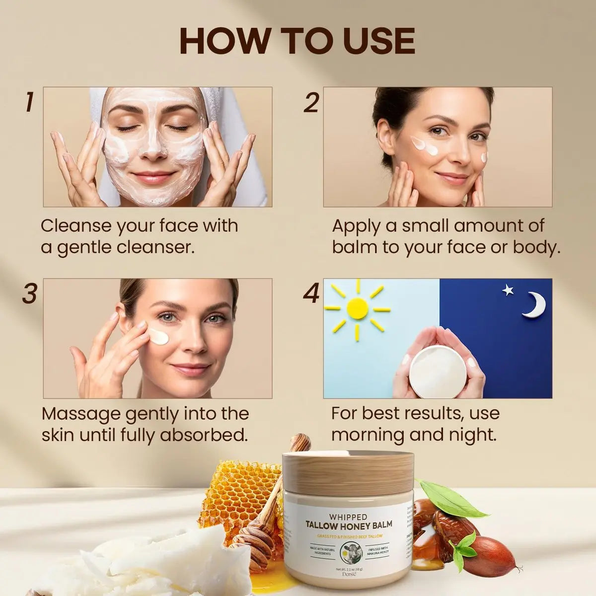 Dersie Cream with Magnesium and Tallow - Honey Tallow Balm, 2.12 oz - Face Moisturizer Avelisse