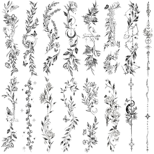 Casciybo 24 Sheets Black Flower Leaf Temporary Tattoos for Women - Realistic Wild Plants Sketch Tattoo Stickers, Waterproof, for Arm Collarbone Leg Back
